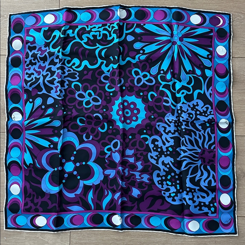 Emilio Pucci Teal Blue Purple Floral Silk Scarf